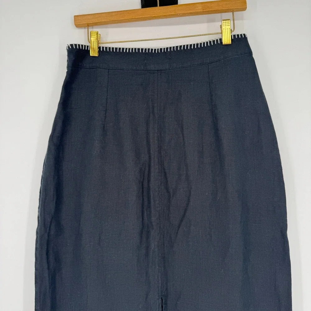 Rachel Zoe Flax Linen Midi Skirt 6 Black Blanket Stitch Minimalist Quiet‎ Luxury